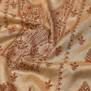 Beige - Lucknow Chikankari Hand Embroidery Tussar Silk Handloom Kurta Material - 2.8 Meter