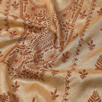 Beige - Lucknow Chikankari Hand Embroidery Tussar Silk Handloom Kurta Material - 2.8 Meter