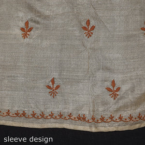Beige - Lucknow Chikankari Hand Embroidery Tussar Silk Handloom Kurta Material - 2.8 Meter