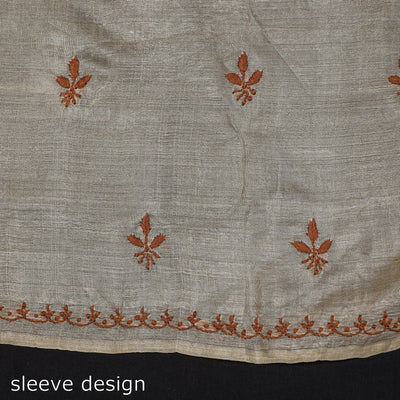 Beige - Lucknow Chikankari Hand Embroidery Tussar Silk Handloom Kurta Material - 2.8 Meter