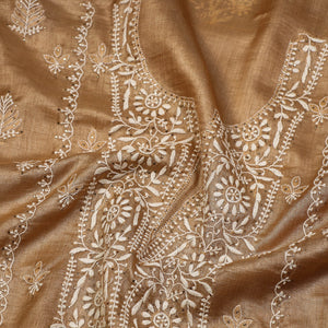 Brown - Lucknow Chikankari Mukaish Hand Embroidery Tussar Silk Handloom Kurta Material - 2.9 Meter
