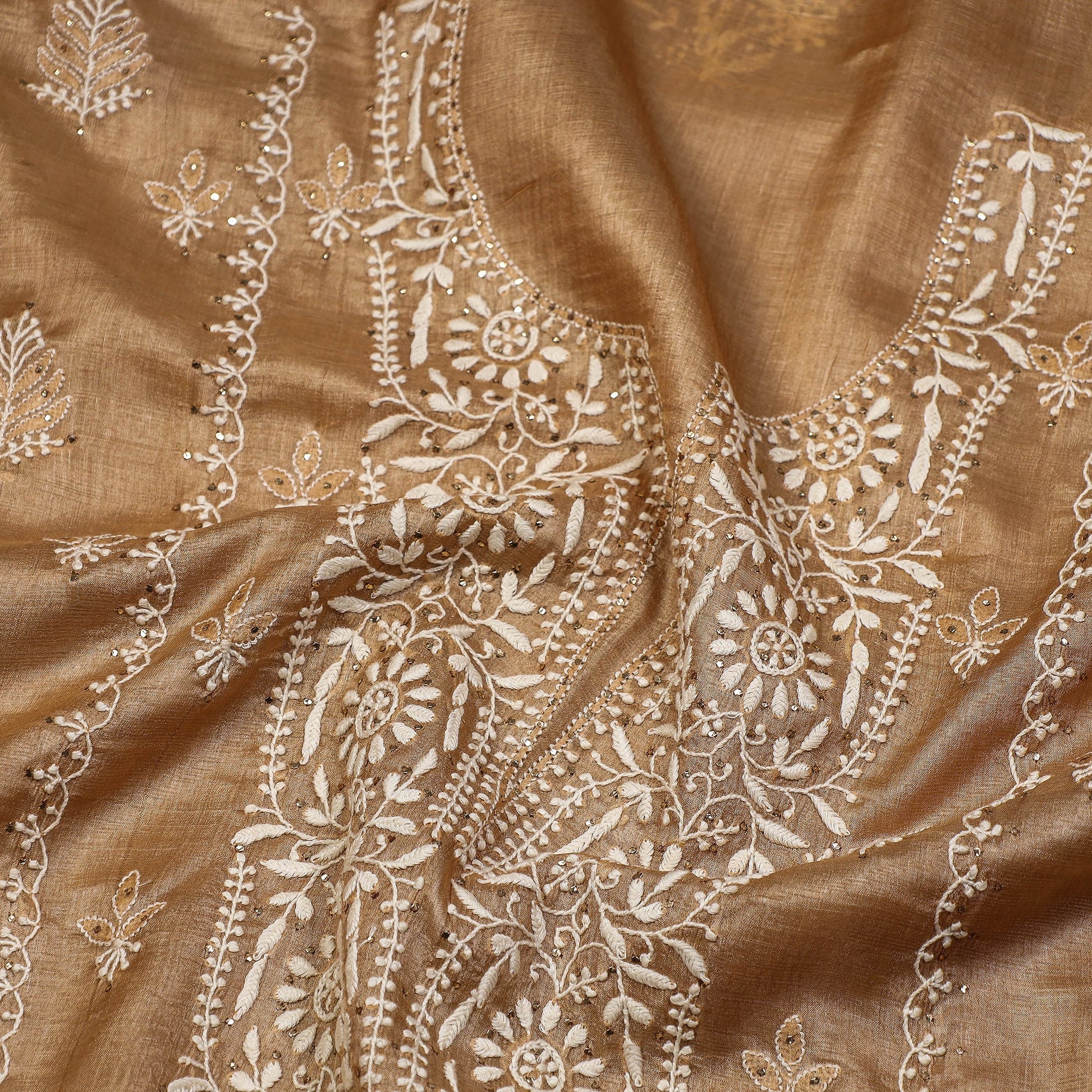 Brown - Lucknow Chikankari Mukaish Hand Embroidery Tussar Silk Handloom Kurta Material - 2.9 Meter