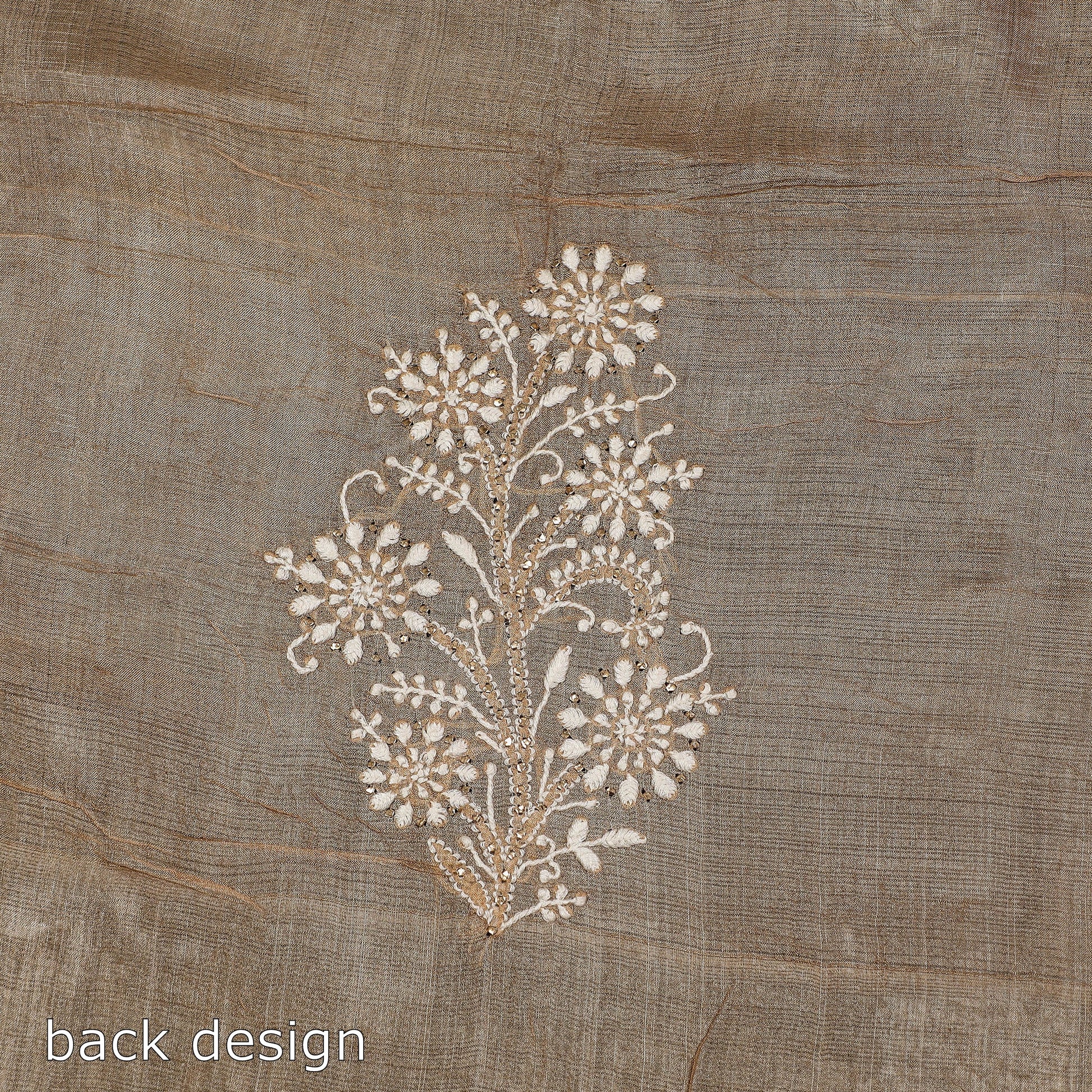 Brown - Lucknow Chikankari Mukaish Hand Embroidery Tussar Silk Handloom Kurta Material - 2.9 Meter