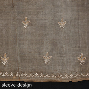 Brown - Lucknow Chikankari Mukaish Hand Embroidery Tussar Silk Handloom Kurta Material - 2.9 Meter
