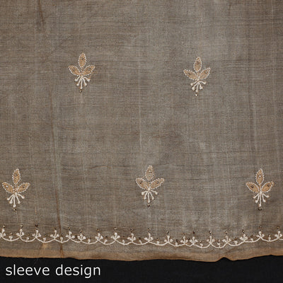 Brown - Lucknow Chikankari Mukaish Hand Embroidery Tussar Silk Handloom Kurta Material - 2.9 Meter