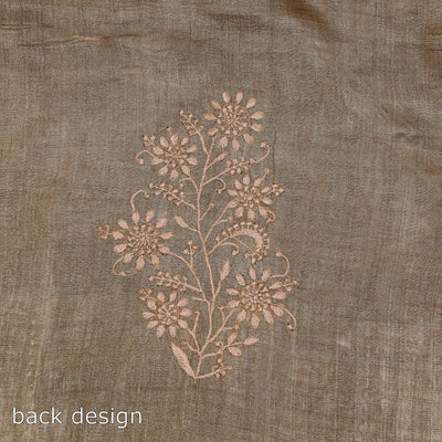 Brown - Lucknow Chikankari Mukaish Hand Embroidery Tussar Silk Handloom Kurta Material - 2.8 Meter