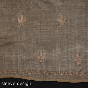 Brown - Lucknow Chikankari Mukaish Hand Embroidery Tussar Silk Handloom Kurta Material - 2.8 Meter