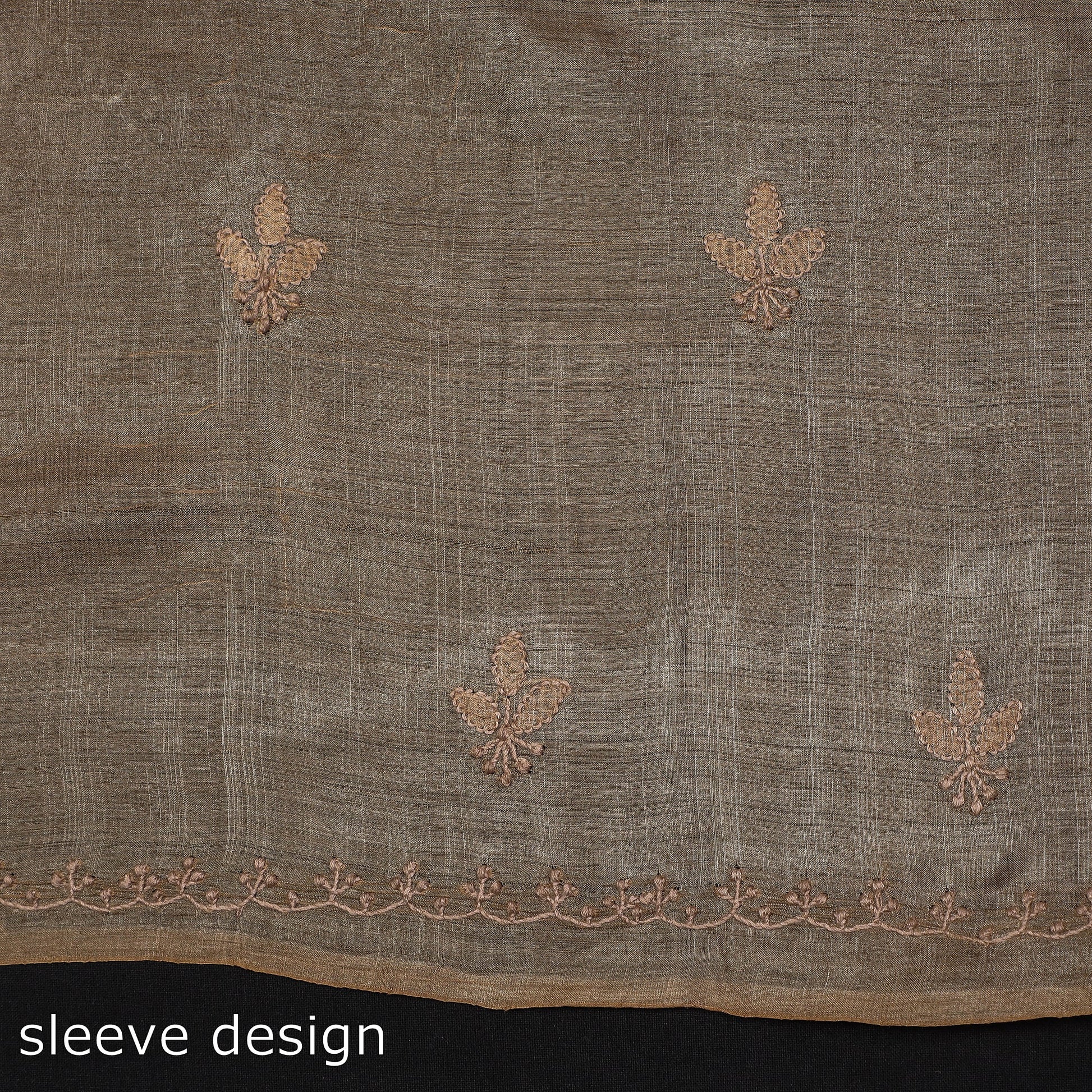 Brown - Lucknow Chikankari Mukaish Hand Embroidery Tussar Silk Handloom Kurta Material - 2.8 Meter