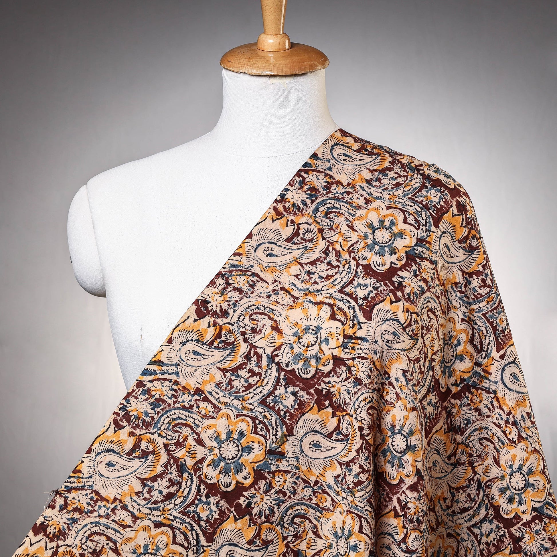 Brown - Block Printed Cotton Washed Kalamkari Fabric