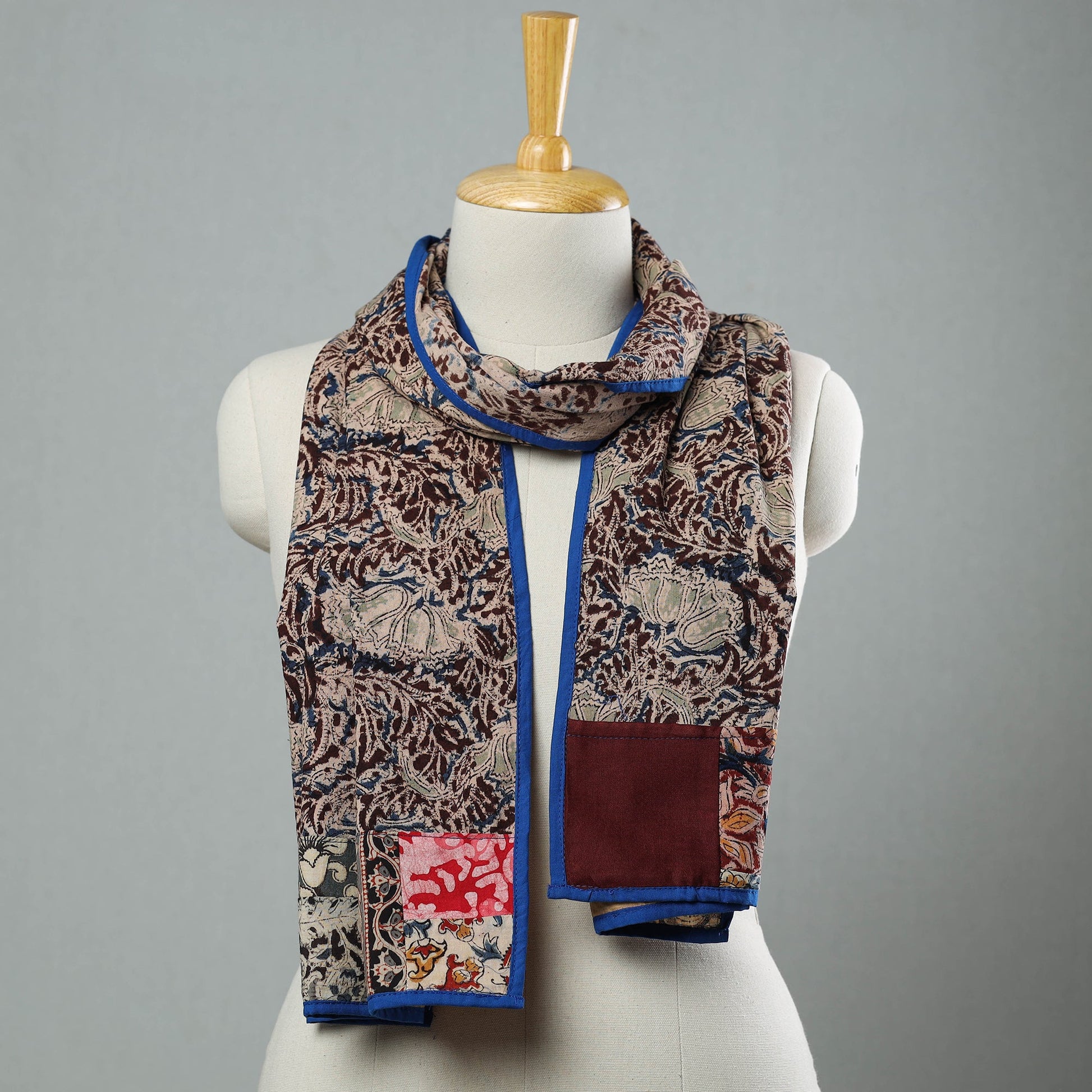 Brown - Kalamkari Block Printed Cotton Patchwork Stole 35