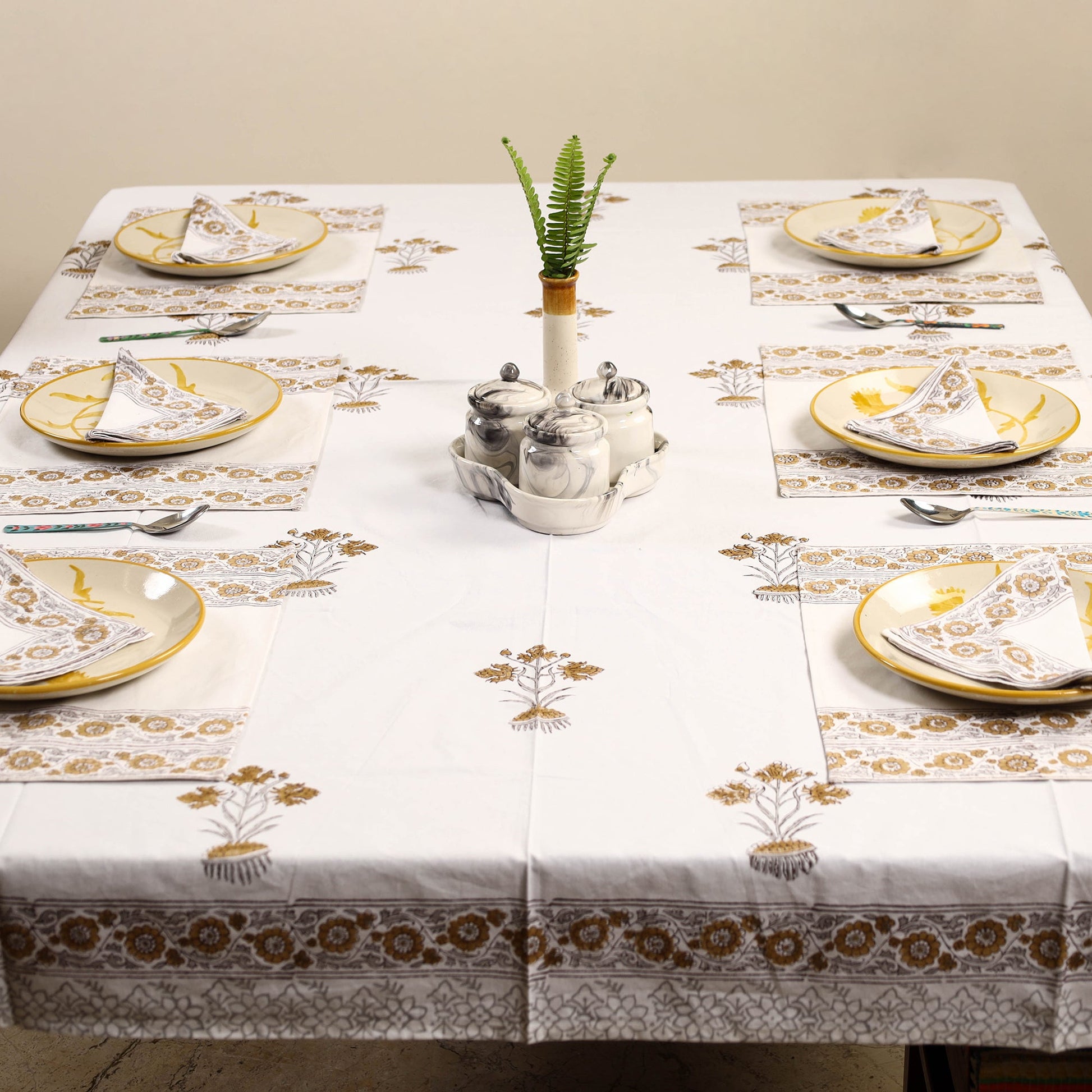 Brown - Sanganeri Print Cotton Table Cover with Mats & Napkins 04