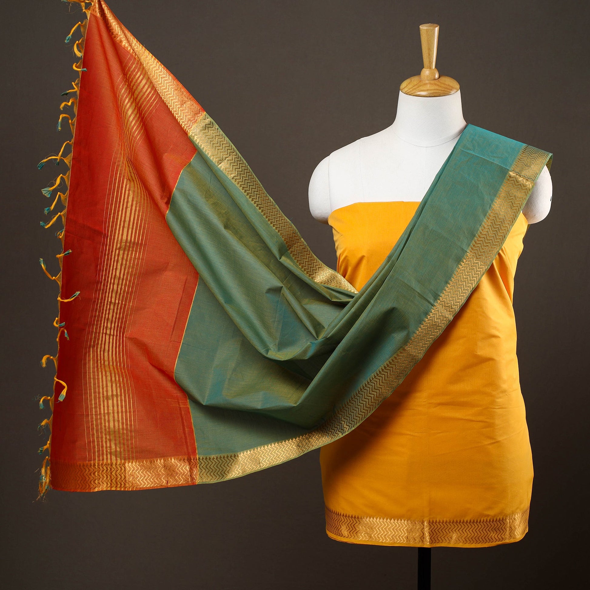 3pc Mangalagiri Cotton Suit Material Set with Zari Border