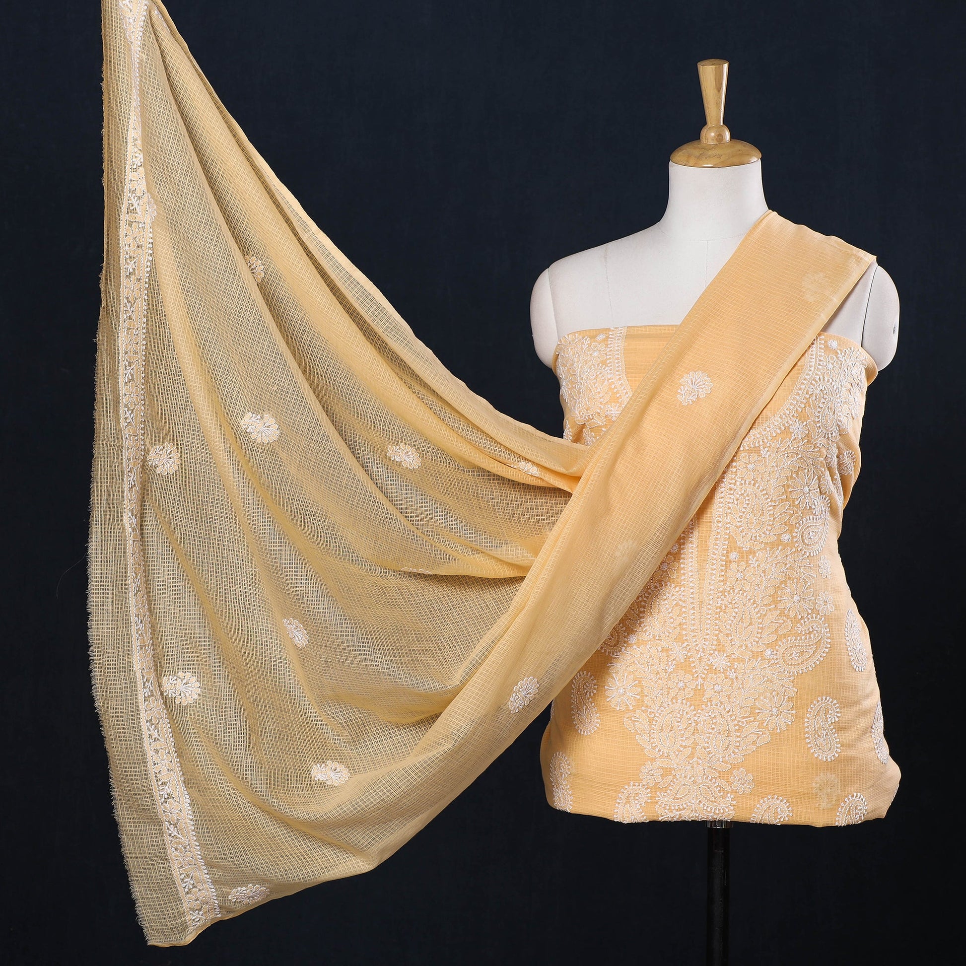 Beige - 2pc Hand Embroidery Kota Doria Chikankari Dress Material