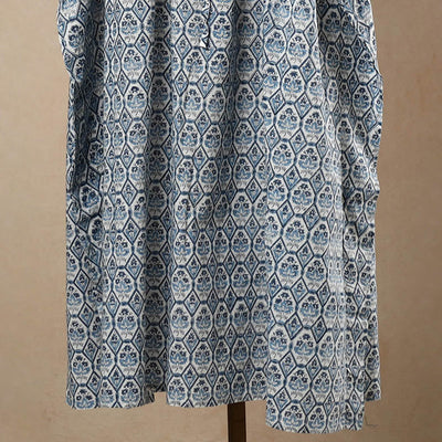 Blue - Hand Block Printed Cotton Kaftan with Tie-Up Waist (Long)
