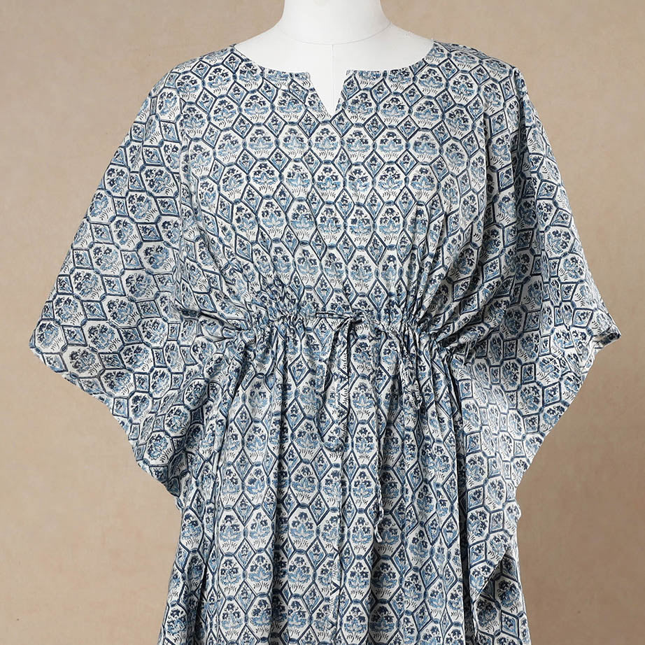 Blue - Hand Block Printed Cotton Kaftan with Tie-Up Waist (Long)