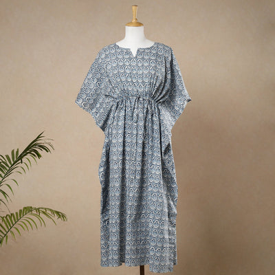 Blue - Hand Block Printed Cotton Kaftan with Tie-Up Waist (Long)