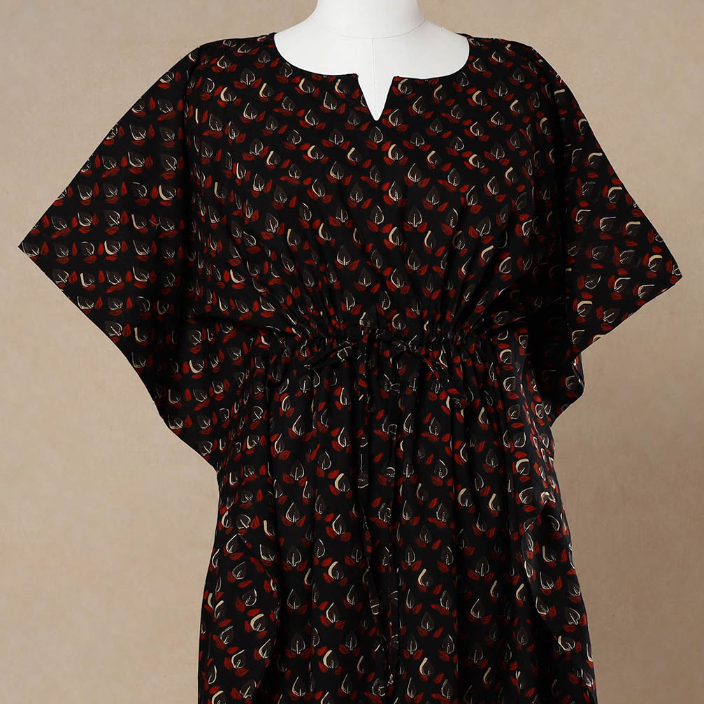 Black - Hand Block Printed Cotton Kaftan with Tie-Up Waist (Long)