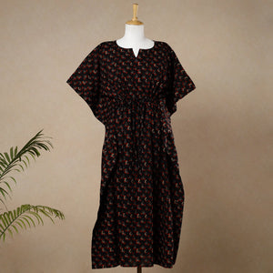 Black - Hand Block Printed Cotton Kaftan with Tie-Up Waist (Long)