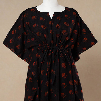 Black - Hand Block Printed Cotton Kaftan with Tie-Up Waist (Long)