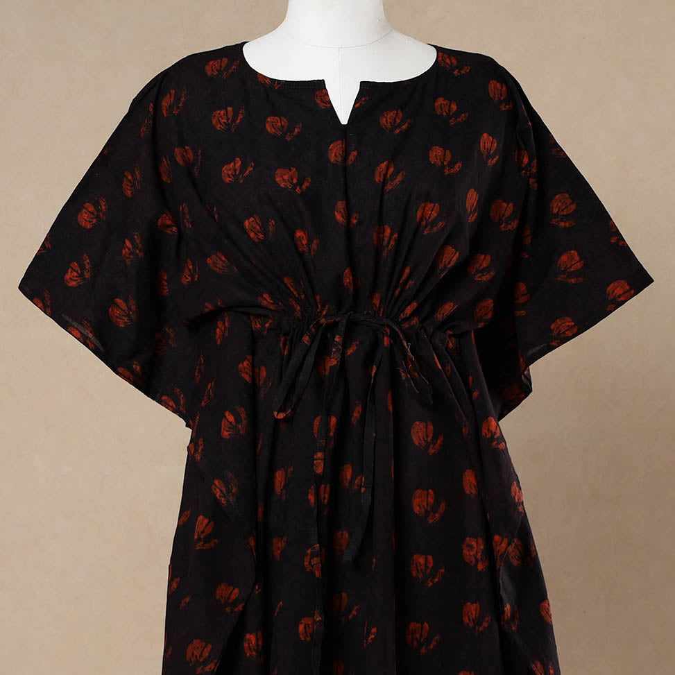 Black - Hand Block Printed Cotton Kaftan with Tie-Up Waist (Long)