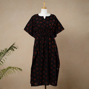 Black - Hand Block Printed Cotton Kaftan with Tie-Up Waist (Long)