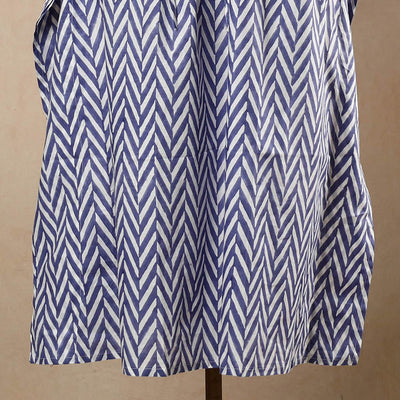 Blue - Hand Block Printed Cotton Kaftan with Tie-Up Waist (Long)