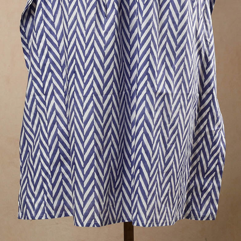 Blue - Hand Block Printed Cotton Kaftan with Tie-Up Waist (Long)