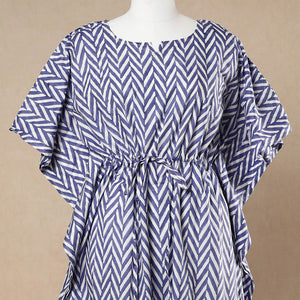 Blue - Hand Block Printed Cotton Kaftan with Tie-Up Waist (Long)
