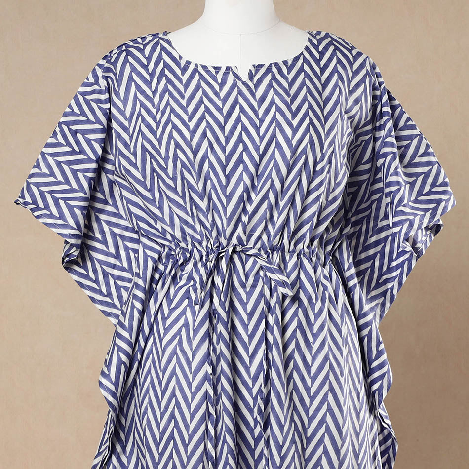 Blue - Hand Block Printed Cotton Kaftan with Tie-Up Waist (Long)
