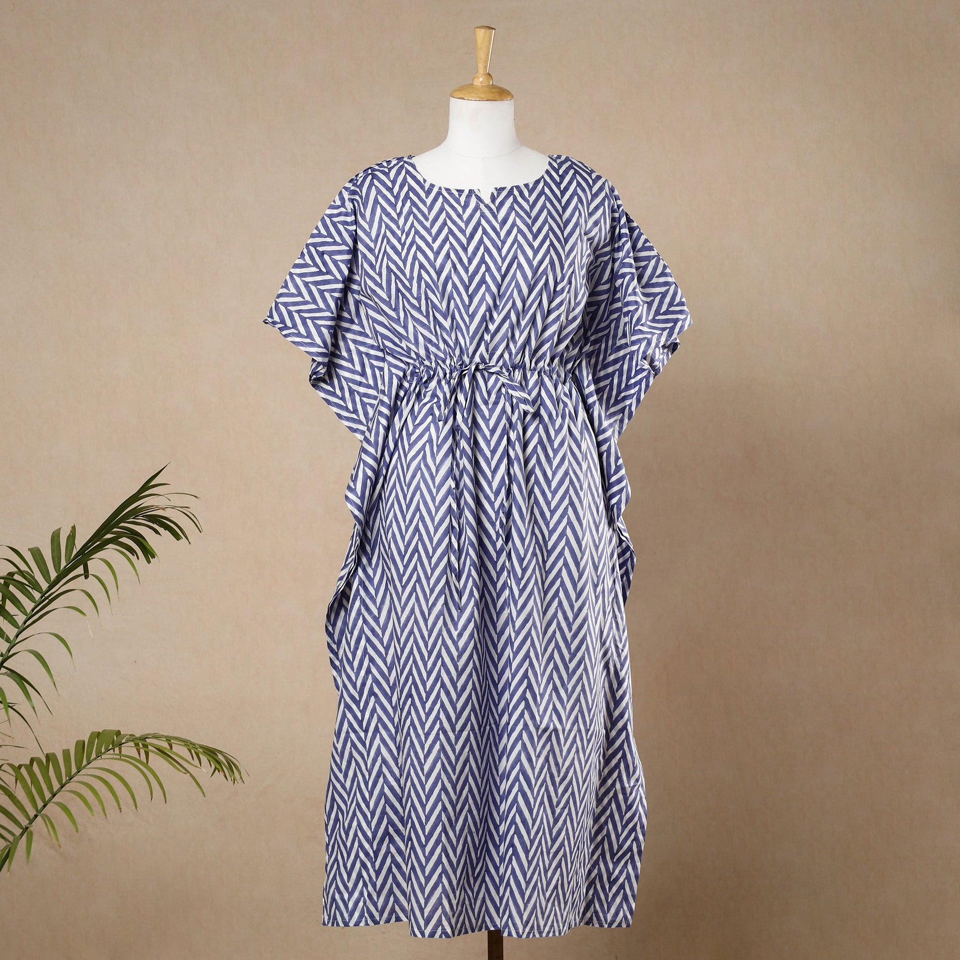 Blue - Hand Block Printed Cotton Kaftan with Tie-Up Waist (Long)