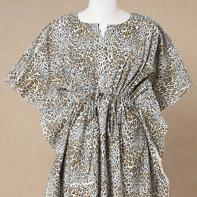 Beige - Hand Block Printed Cotton Kaftan with Tie-Up Waist (Long)