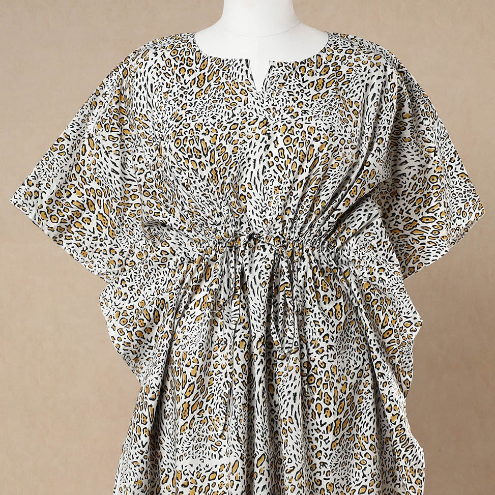 Beige - Hand Block Printed Cotton Kaftan with Tie-Up Waist (Long)
