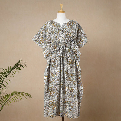 Beige - Hand Block Printed Cotton Kaftan with Tie-Up Waist (Long)