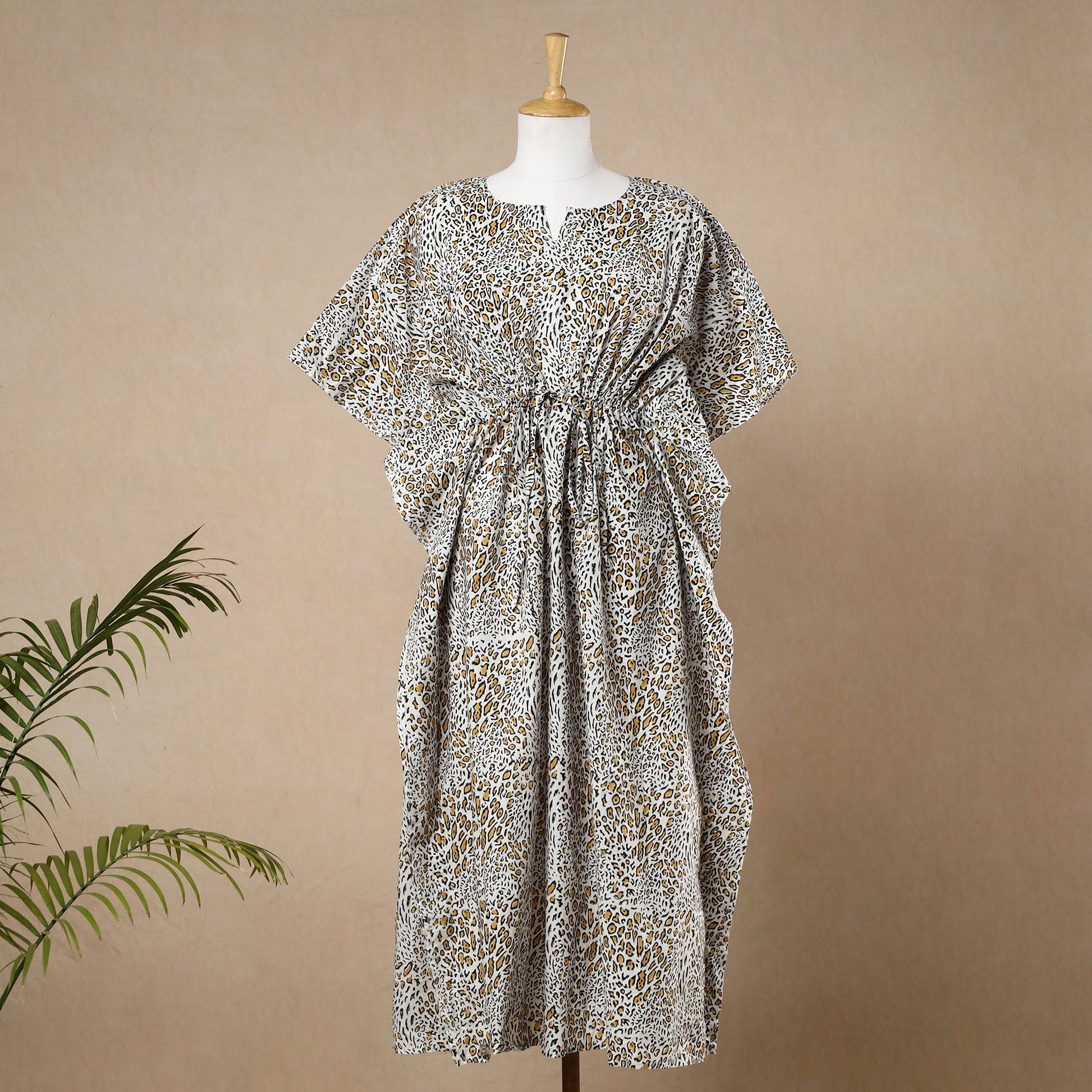 Beige - Hand Block Printed Cotton Kaftan with Tie-Up Waist (Long)