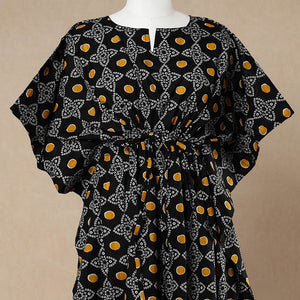 Black - Hand Block Printed Cotton Kaftan with Tie-Up Waist (Long)
