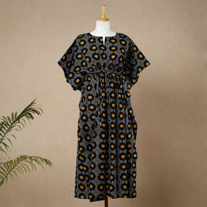 Black - Hand Block Printed Cotton Kaftan with Tie-Up Waist (Long)