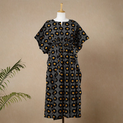 Black - Hand Block Printed Cotton Kaftan with Tie-Up Waist (Long)