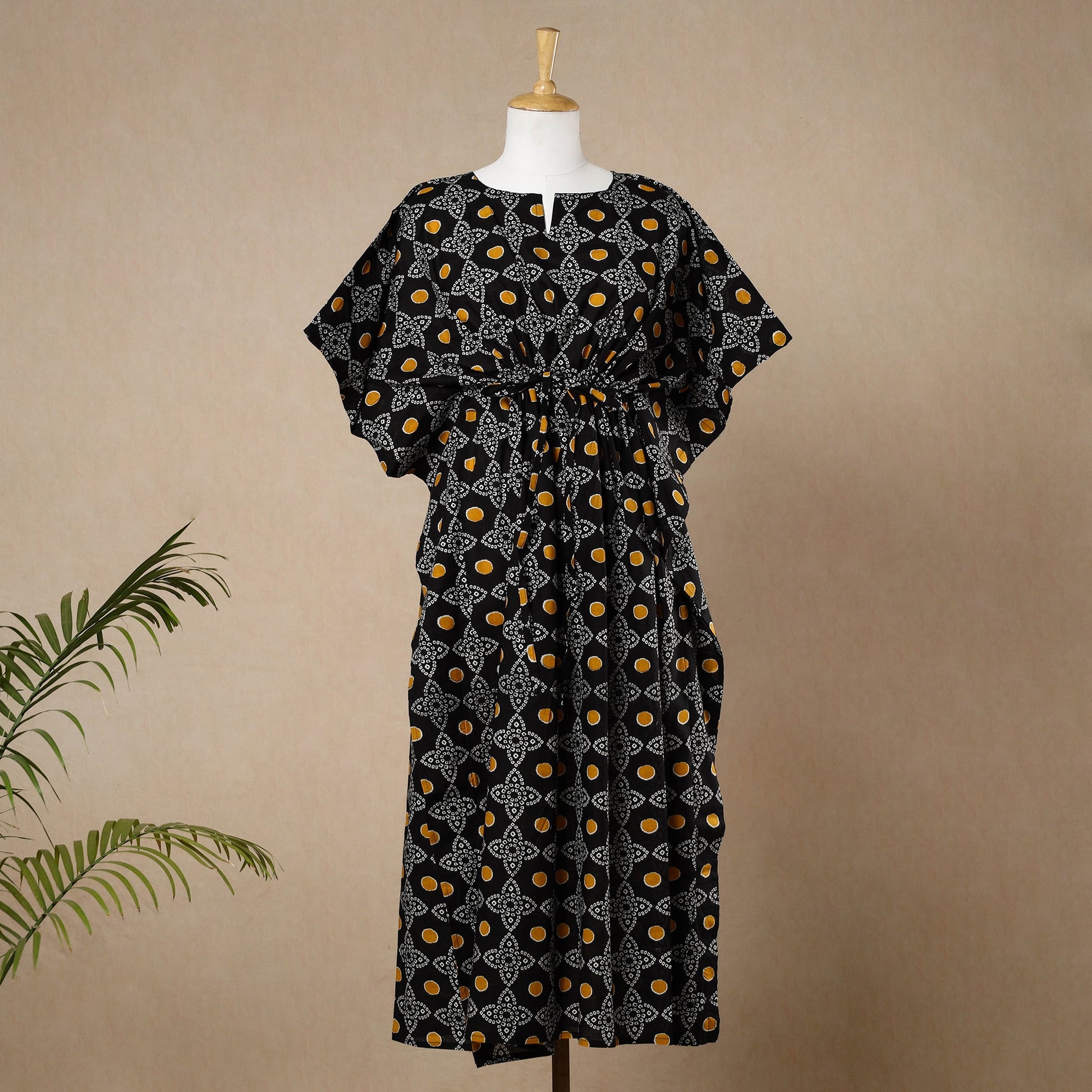 Black - Hand Block Printed Cotton Kaftan with Tie-Up Waist (Long)