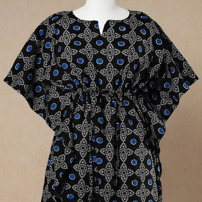 Black - Hand Block Printed Cotton Kaftan with Tie-Up Waist (Long)