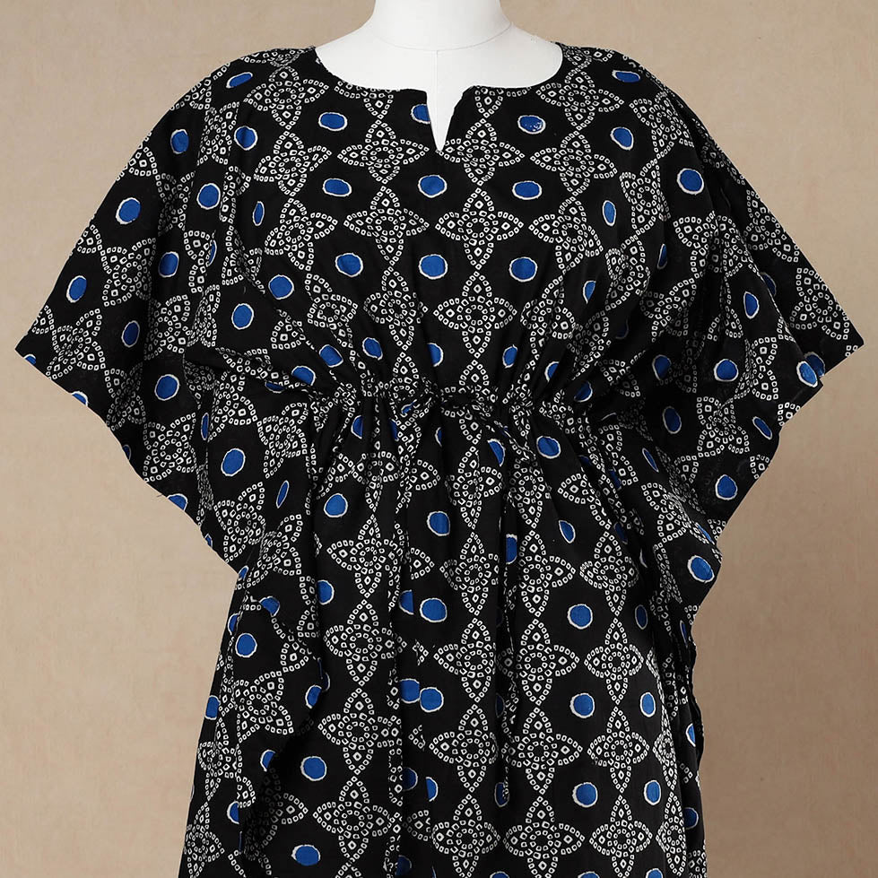 Black - Hand Block Printed Cotton Kaftan with Tie-Up Waist (Long)