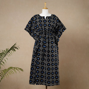 Black - Hand Block Printed Cotton Kaftan with Tie-Up Waist (Long)