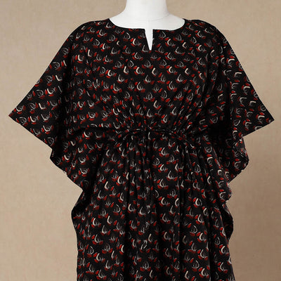 Black - Hand Block Printed Cotton Kaftan with Tie-Up Waist (Long)