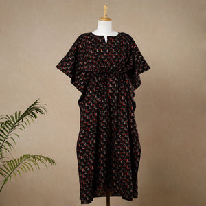 Black - Hand Block Printed Cotton Kaftan with Tie-Up Waist (Long)