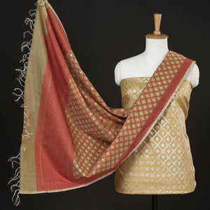 Beige - 2pc Zari Buti Silk Cotton Handloom Banarasi Dress Material