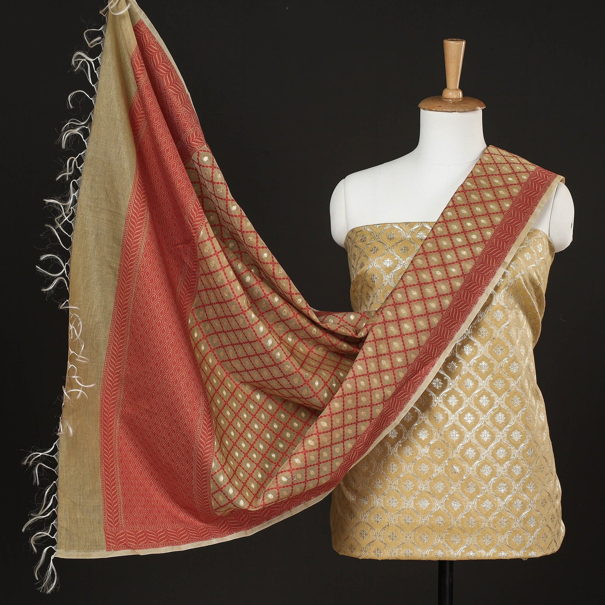 Beige - 2pc Zari Buti Silk Cotton Handloom Banarasi Dress Material