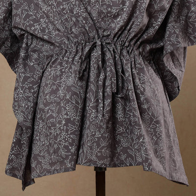 Brown - Hand Block Printed Cotton Kaftan with Tie-Up Waist (Short)