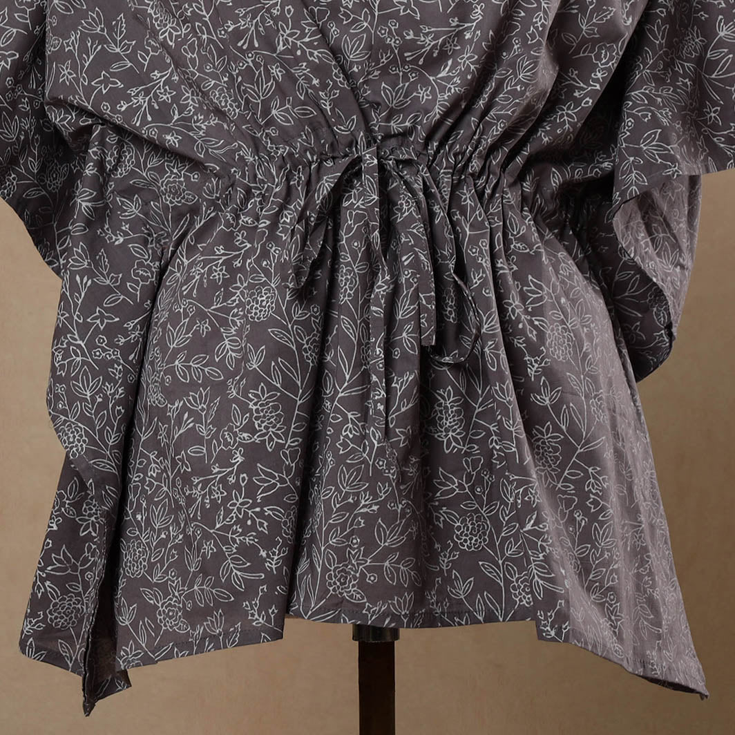 Brown - Hand Block Printed Cotton Kaftan with Tie-Up Waist (Short)