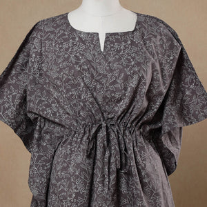 Brown - Hand Block Printed Cotton Kaftan with Tie-Up Waist (Short)