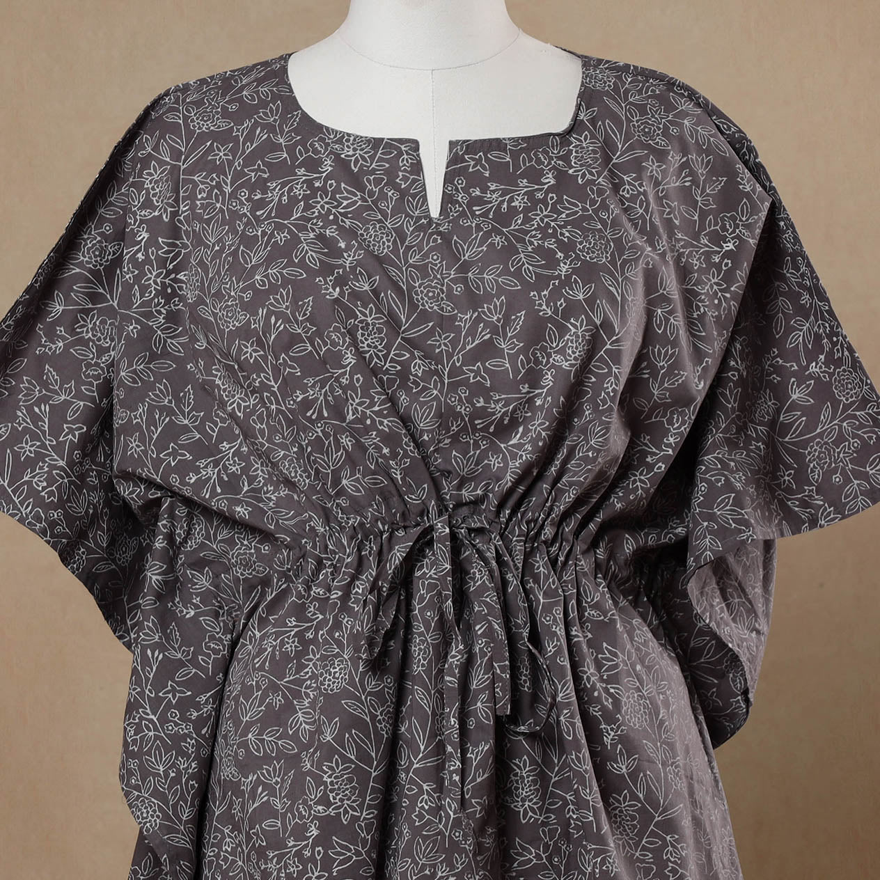 Brown - Hand Block Printed Cotton Kaftan with Tie-Up Waist (Short)