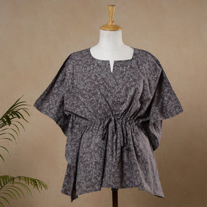 Brown - Hand Block Printed Cotton Kaftan with Tie-Up Waist (Short)